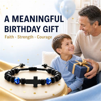 Boys Cross Bracelet, Adjustable Tiger Eye Bead Bracelet - color: B-Birthday