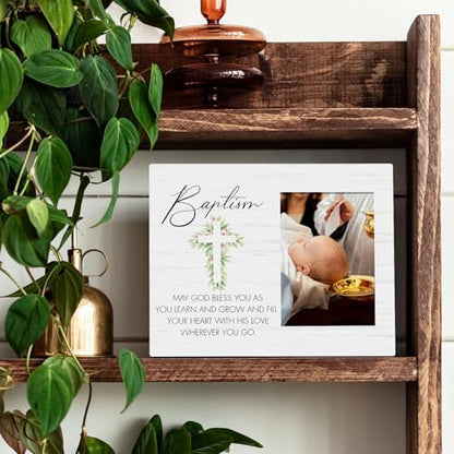 May God Bless You As You Learn And Grow- Baby Baptism Wooden Picture Frame, Gift from Godparents for Baby Shower, Christening Gifts from Godfather Godmother, for Tabletop or Wall Mounting (4x6 Inch Photo) - color: Baptism-3