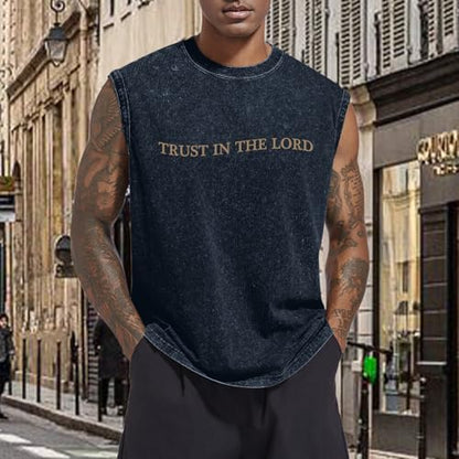 Mens Christian Tank Tops Trust in The Lord God Jesus Religious Faith Bible Verse Shirts Graphic Acid Wash Gym Tees - color: Denim Blue, size: Small
