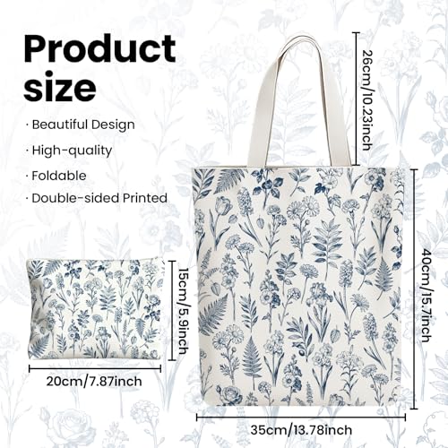 2 Pack Canvas Tote Bag with Makeup Zipper Pouch Colorful Polyester Printed Reusable Shopping Bags for Women - style: Blue Flower