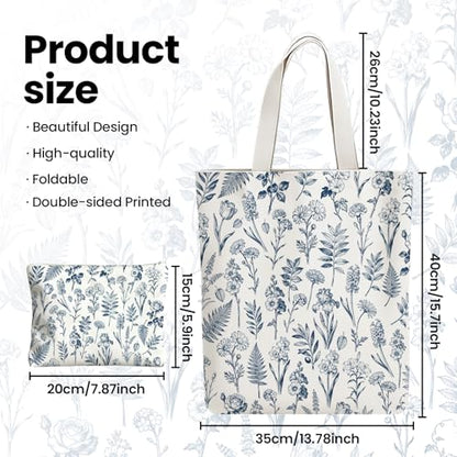 2 Pack Canvas Tote Bag with Makeup Zipper Pouch Colorful Polyester Printed Reusable Shopping Bags for Women - style: Blue Flower