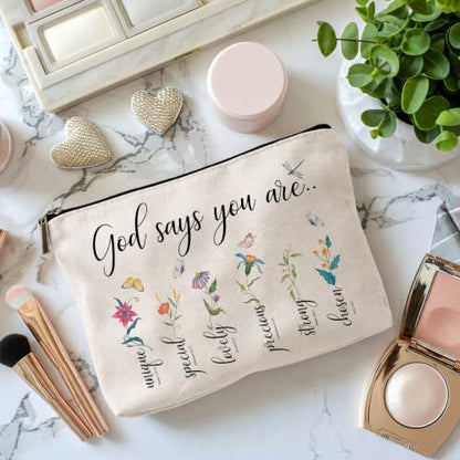 Christian Floral Makeup Bag, Bible Affirmation, God says you Bag