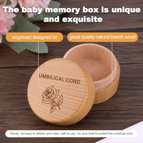 Umbilical Cord Memorial Box, Engraved Wooden Round Newborn Baby Keepsake Tooth Box Fetal Hair Memorial Storage Container for Baby Shower Pregnancy Christening Gift