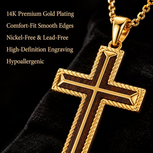 14K Gold Plated Wood Cross Necklace for Men Christian Pendant Jewelry - color: A05-Cross