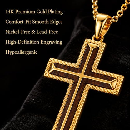 14K Gold Plated Wood Cross Necklace for Men Christian Pendant Jewelry - color: A05-Cross