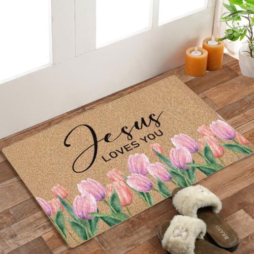 Christian Tulip Floral Faux Coco Coir Doormat Door Mat 30x17 Inch - color: Tulip