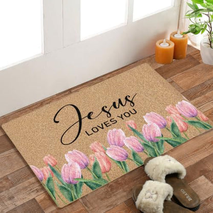 Christian Tulip Floral Faux Coco Coir Doormat Door Mat 30x17 Inch - color: Tulip