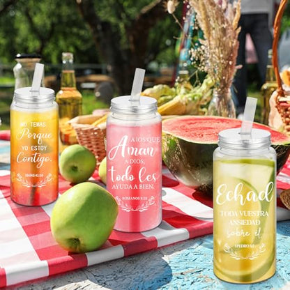 LemonRoad 20 Pack Christian Gift Religious Cups Bulk 13.5 oz Bible Verse Plastic DIY Mason Jar Cups with Straw Lid Reusable for DIY Craft Church Coworker Employee Gift Decoration(Spanish) - style: Spanish