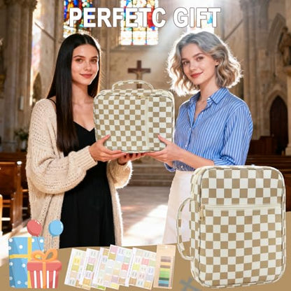 Zkptops Bible Cover Case for Women Girls Large Bible Bag Cotton Quilted Checkered Bible Carrying Case with Zipper Pocket and Handle Carrying Book Cover for Christian Study Supplies Christian Gift - color: Fm Checkered