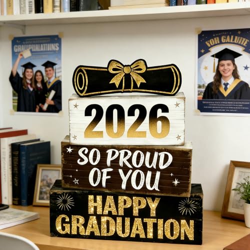 2026 Graduation Table Decorations Class of 2026 Senior Tiered Tray Decor Wooden Happy Graduation Signs Farmhouse Congrats Grad Tabletop Party Centerpiece for Tables Wooden Sign for Home Decor - style: Grad Cap