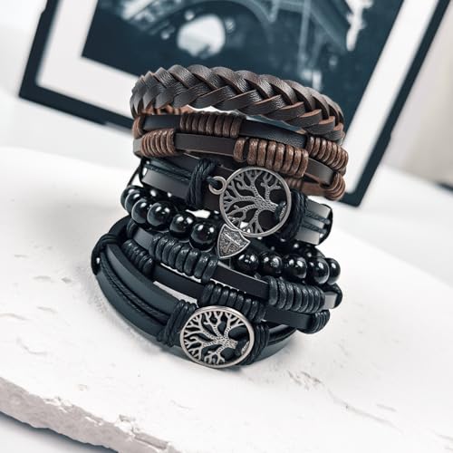 Punk Braided Leather Bracelets for Men Women Tribal Wrap Wristband - color: Tree
