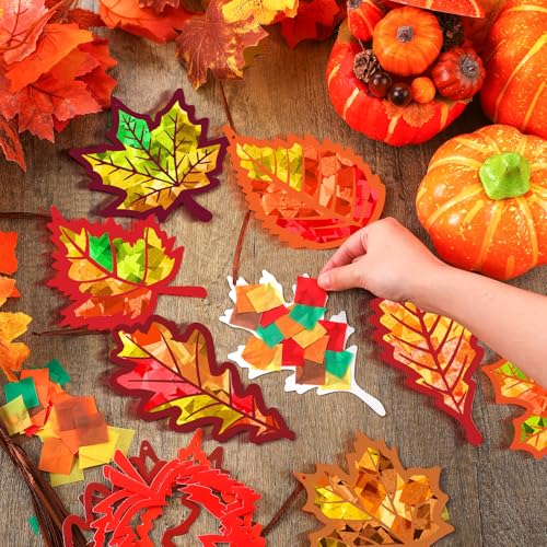 Motipuns 32 Sets Leaf Suncatcher Kits Fall Tissue Paper Stained Glass Art - style: Maple Leaf