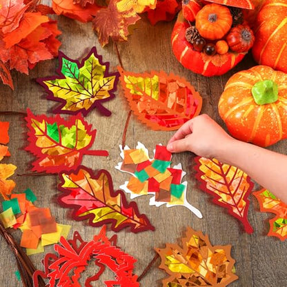 Motipuns 32 Sets Leaf Suncatcher Kits Fall Tissue Paper Stained Glass Art - style: Maple Leaf