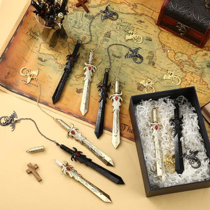Sayglossy 12 Set Dragon Sword Pens Gifts Bulk Black Ink Golden Pendant