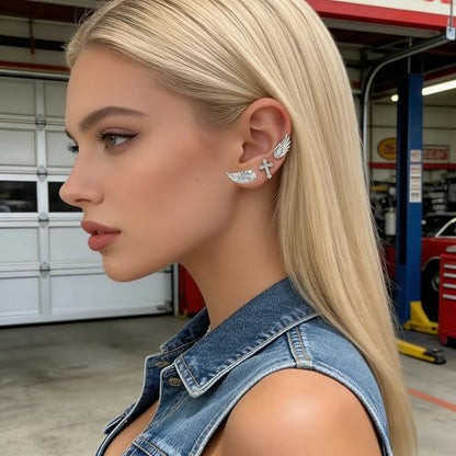 Sterling Silver Angel Wing & Cross Stud Earrings Set - Sparkly Rhinestone Helix Piercing Jewelry, Gothic Punk Cartilage Studs for Women Men Daily Wear