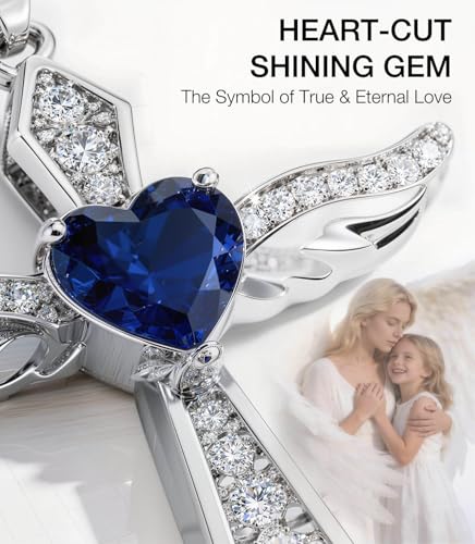 Lovans Cross Necklace for Women 925 Sterling Silver Angel Wings Pendant - color: White Gold+Blue CZ, size: 18"+2"