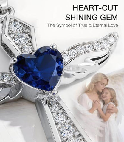 Lovans Cross Necklace for Women 925 Sterling Silver Angel Wings Pendant - color: White Gold+Blue CZ, size: 18"+2"