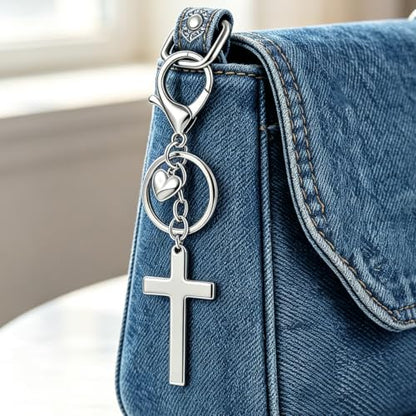 Cross Keychain, Jesus Key Chain Christian Faith Keychain Purse Charm - color: Silver