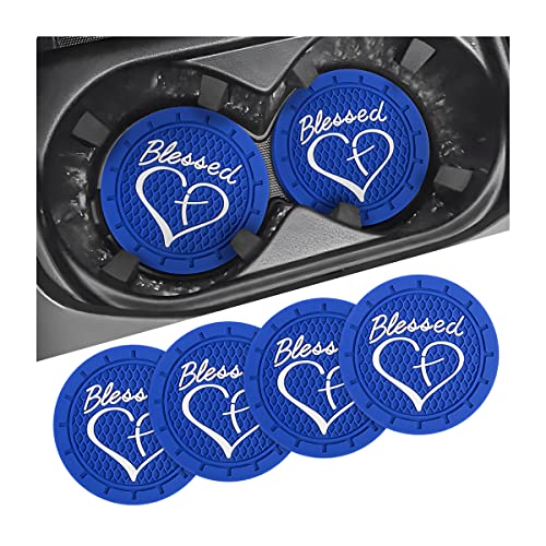 AICEL 4 Pack Car Cup Coasters, 2.75 Inch Soft PVC Car Cup Holder Insert Coaster, Blessed Cross and Heart Christian Anti Slip Shockproof Drink Mat, Universal Vehicle Interior Accessories (Blue) - color: Blue