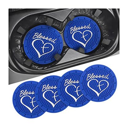 AICEL 4 Pack Car Cup Coasters, 2.75 Inch Soft PVC Car Cup Holder Insert Coaster, Blessed Cross and Heart Christian Anti Slip Shockproof Drink Mat, Universal Vehicle Interior Accessories (Blue) - color: Blue