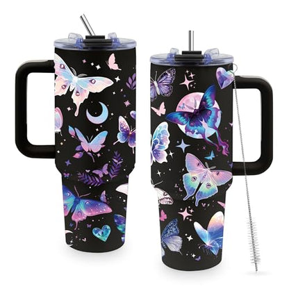 40oz Tumbler with Handle & Straw, Butterfly Gifts for Women - color: Butterfly-Black