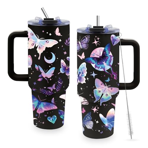40oz Tumbler with Handle & Straw, Butterfly Gifts for Women - color: Butterfly-Black