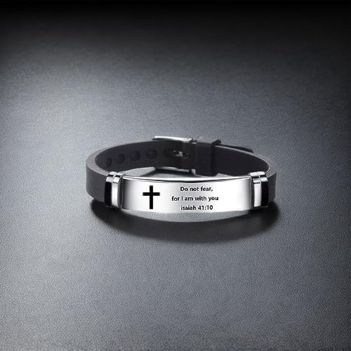 Inspirational Quote Cross Bracelets Faith Christian Bible Verse Silicone ID Wristband Religious Gifts for Men Women Stainless Steel Rubber Adjustable - style: Do not fear,for I am with you