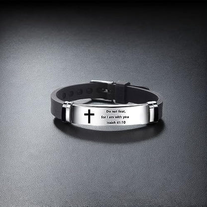 Inspirational Quote Cross Bracelets Faith Christian Bible Verse Silicone ID Wristband Religious Gifts for Men Women Stainless Steel Rubber Adjustable - style: Do not fear,for I am with you
