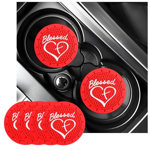 KVAEY 2 PCS Car Cup Holder Coasters, 2.76 Inch Anti Slip Vehicle Drink Mats with Cute Blessed Cross and Heart, Shockproof, Universal Car Accessories (Red, 4 PCS) - color: Red, size: 4 PCS