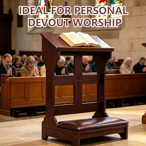 Prayer Kneeler Bench, Solid Wood Prayer Bench with Padded Kneeling Cushion and Bible Holder Shelf, Christian Kneeling Benches for Home Church Worship Meditation and Religious Prayer Room Furniture