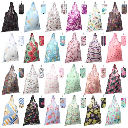 Paterr 24 Pcs Reusable Grocery Shopping Bags Foldable Bulk - style: Flower Style