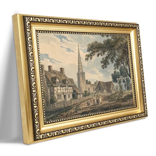 HTNDSIEHA Large Vintage Countryside Church Wall Art with Gold Frame - color: Earth Tones, size: 24"L x 16"W