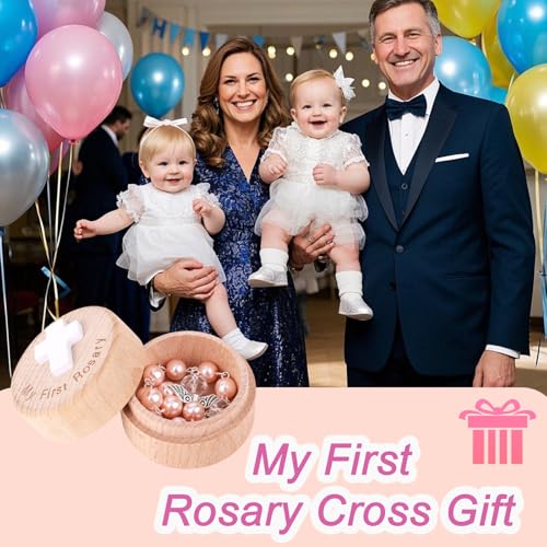 My First Rosary Baptism Gifts, Baptism Memorial Box & Rosary Bracelet with Angel Wings Catholic First Communion Christening Beads Gifting Set for Baby Shower