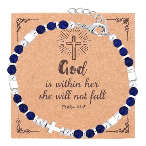 Beaded Bracelets for Women, Inspirational Natural Gemstone Bracelets Graduation Mothers Day Christmas Birthday Gifts for Mom, Daughter, Granddaughter, Wife, Sister, Best Friend - color: Lapis Lazuli, style: Cross