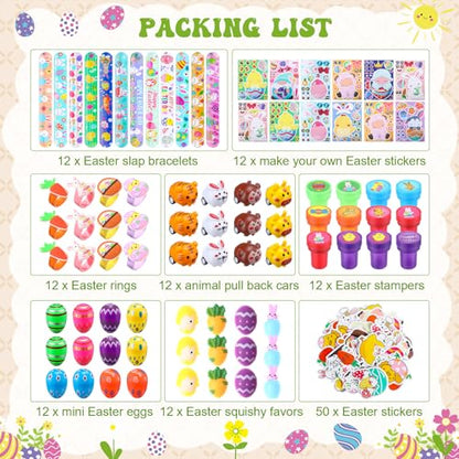 Simgoing 134 Pcs Easter Party Favors Bulk Easter Egg Fillers with Slap Bracelets Stampers Rings Make Your Own Stickers Easter Basket Stuffers for Easter Goodies Bags Classroom Crafts Prize Supplies