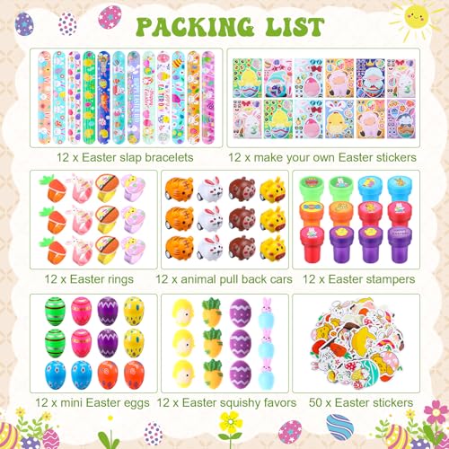 Simgoing 134 Pcs Easter Party Favors Bulk Easter Egg Fillers with Slap Bracelets Stampers Rings Make Your Own Stickers Easter Basket Stuffers for Easter Goodies Bags Classroom Crafts Prize Supplies