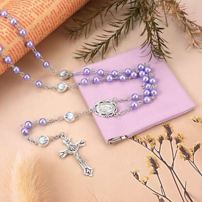 Rosary Beads Catholic, Rosary Necklace with Leather Pouch with Magnetic Top Bag for Men and Women Christian Gifts - color: Purple