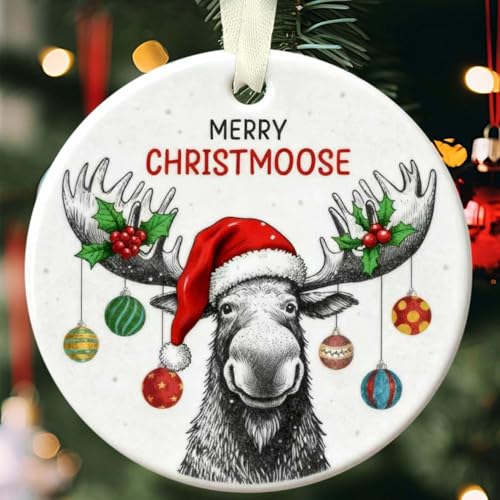 Merry Christmoose Ornaments 2026, Funny Moose Christmas Ornaments, Antlered Animal Hunting Keepsake, Animal Lover Gifts for Kids, Ceramic Christmas Hanging Ornaments, Funny Gifts for Farmer - color: Merry Christmmoose