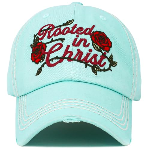 Bless Rodeo Country Horse Derby Womens Baseball Cap Distressed Vintage Unconstructed Embroidered Patch Hat - color: Diamond Blue Rooted in Christ
