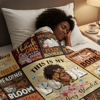 African American Book Lovers Gifts, Book Reading Throw Blanket, Librarian Bookish Books Club Gift for Black Women Bookworms Birthday Graduation Present Ideas Soft Flannel Blankets 50'' x 60'' - color: Brown-african American