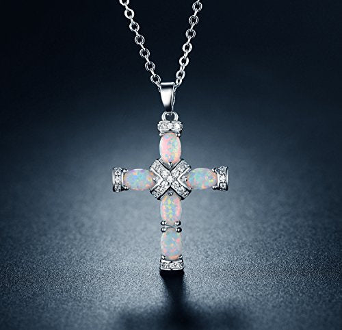 Barzel 18K Gold Plated Created Opal Cross with Chain, 18 Inches with 2 Inches Extension - color: White Gold