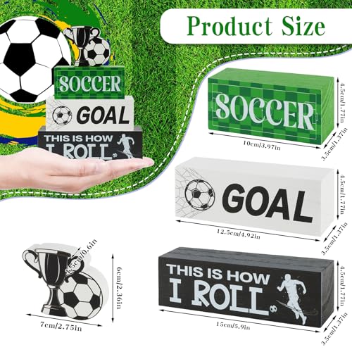 4 Pcs Soccer Wooden Tabletop Decor Soccer Wooden Block Signs Gift World Cup Table Sign Rustic Tiered Tray Decor Sports Themed Table Decorations for Boys Room Office Shelf Fireplace - style: Soccer