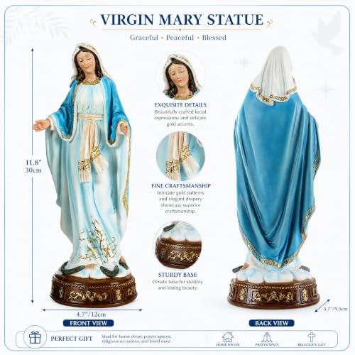 12-Inch Virgin Mary Statue, Catholic Our Lady of Grace - color: White+blue