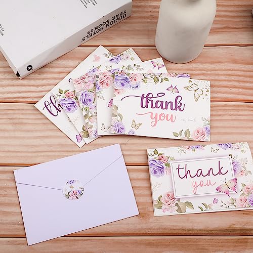 60 Pieces Butterfly Floral Baby Shower Thank You Cards,Purple Thank You Cards Includes 30 Pieces Envelopes and 30 Pieces Blank Butterfly Cards with Stickers for Wedding Baby Shower Graduation Bridal - color: butterfly