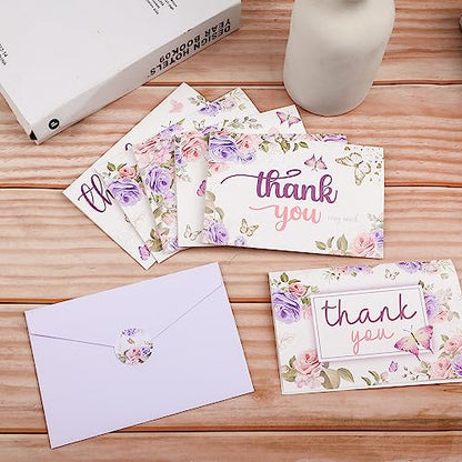 60 Pieces Butterfly Floral Baby Shower Thank You Cards,Purple Thank You Cards Includes 30 Pieces Envelopes and 30 Pieces Blank Butterfly Cards with Stickers for Wedding Baby Shower Graduation Bridal - color: butterfly