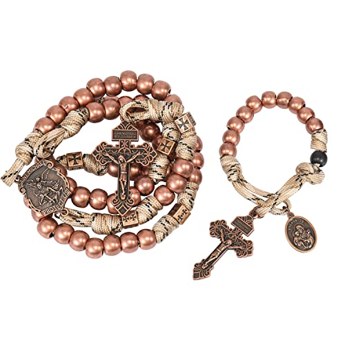 Nazareth Store Paracord Rosaries Set Alloy Beads Rugged Rosary Necklace and One Decade Rosary Strong and Heavy Corded with St.Michael, St. Joseph Pray for Us Medal with Pardon Crucifix - color: Antique Copper St. Michael Paracord Rosary Set with One Decad
