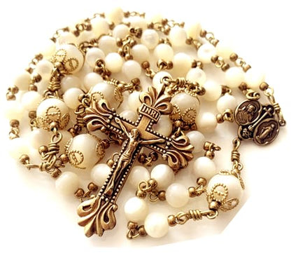 elegantmedical HANDMADE COPPER CATHOLIC ROSARY Moonlight Mother of Pearl Beads necklace Crucifix Cross gift box Gift