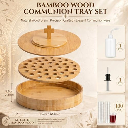 Zhehao 1 Set Wood Communion Tray Set for Church Holy Serving Tray with Lid Elegant 40 Cup Holders and 100 Disposable Communion Cups for Worship Service(Bamboo Style) - style: Bamboo Style