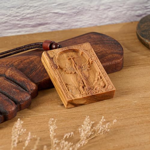 Wooden Archangel St. Michael Necklace, Carved Olive Wood, Wooden Religious Pendant Jewelry (Cross) - color: Square