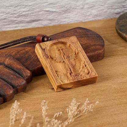 Wooden Archangel St. Michael Necklace, Carved Olive Wood, Wooden Religious Pendant Jewelry (Cross) - color: Square